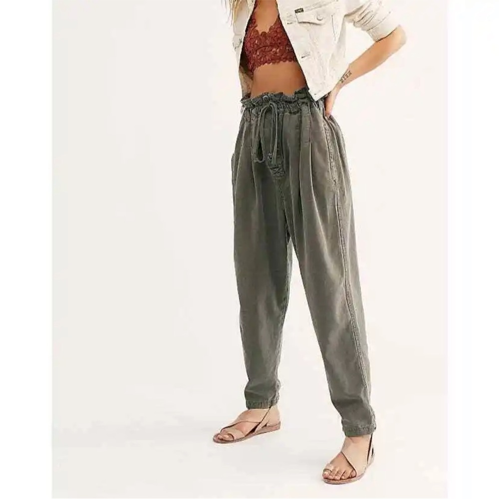 Free People Margate Pleated Drawstring Sugar Kelp Paper Bag Pants Xs